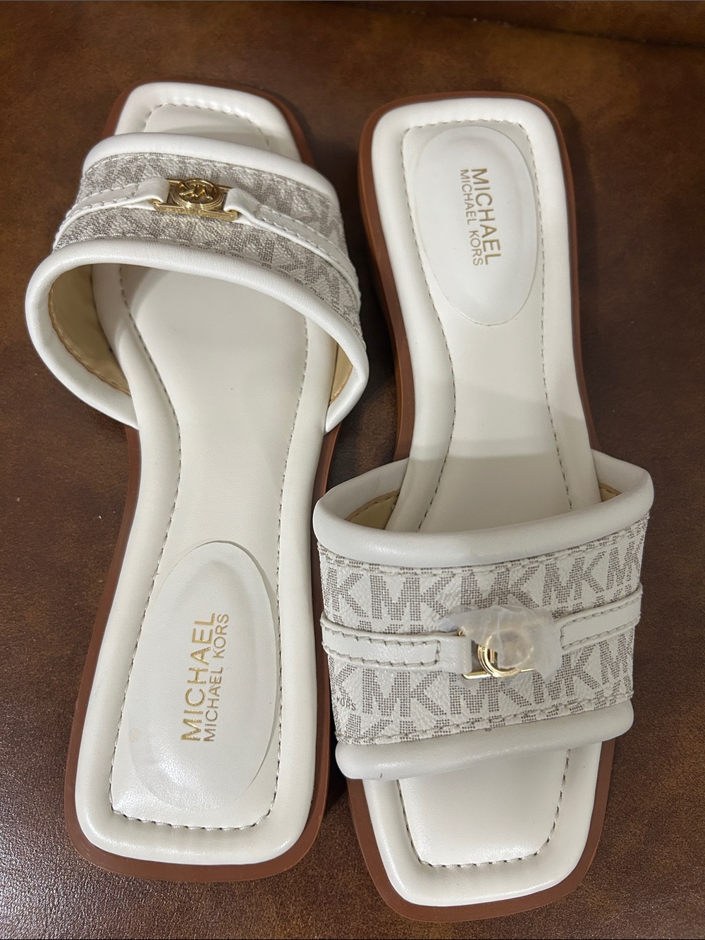 Michael Kors White and Beige MK Logo Slide Sandals with Gold Accent